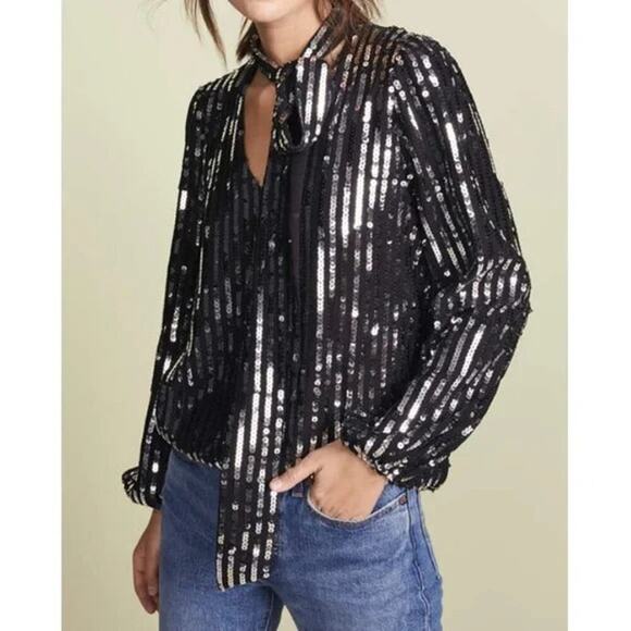NWT RIXO Moss Black Silver Sequin Stripe Neck Tie Top Size Small Party Holiday - Picture 10 of 10